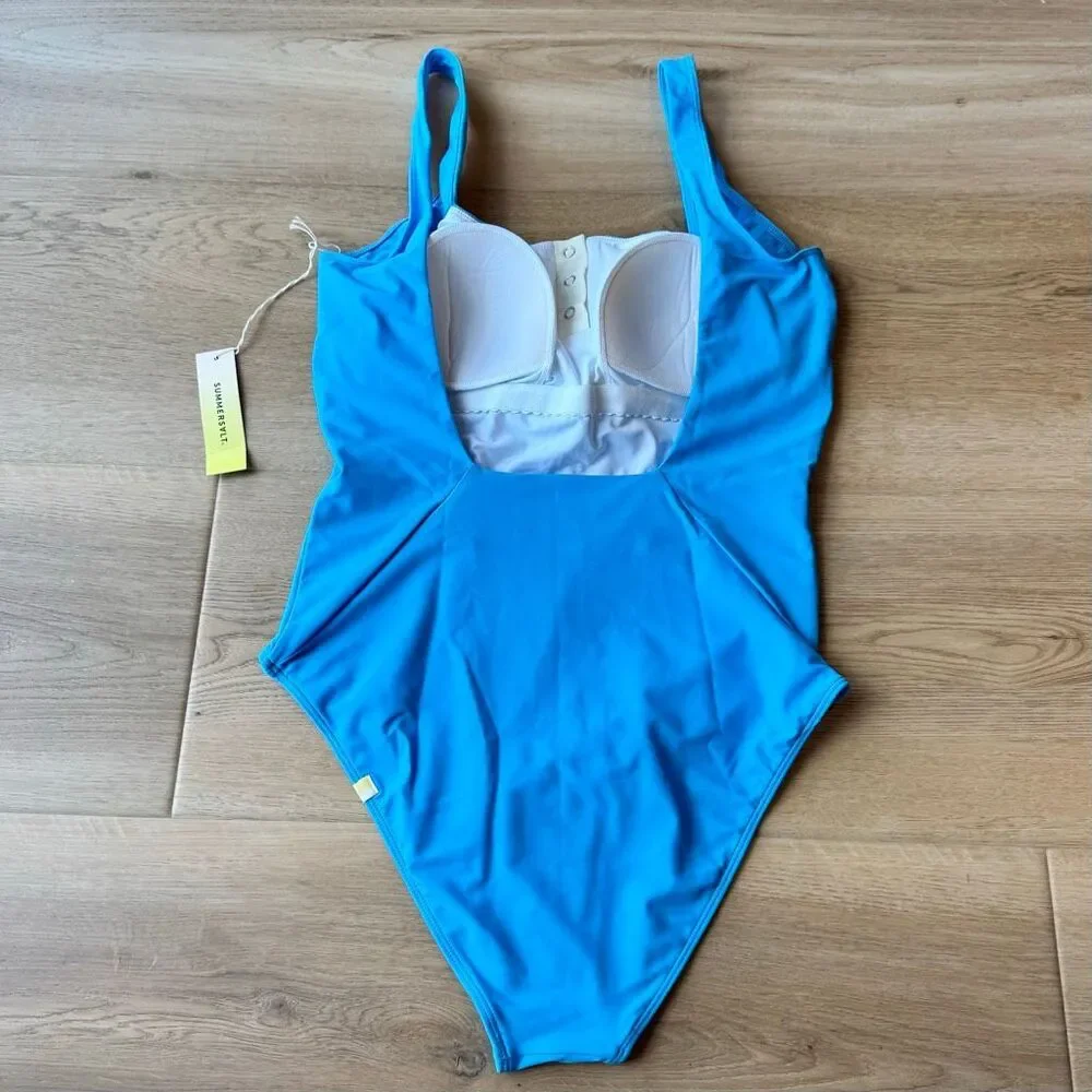 NWT Summersalt The Sail Snap Front Square Neck One Piece Swimsuit Blue 8 Resort